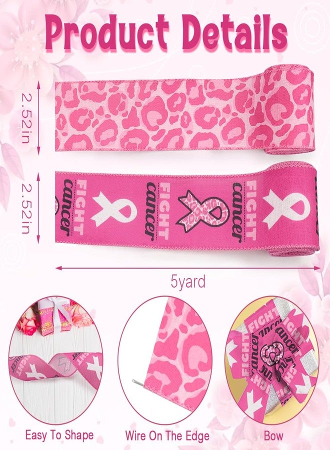 Threetols 2 Rolls 10 Yards Breast Cancer Awareness Wired Edge Ribbons, 2.5inch Hot Pink Leopard Awareness Ribbon, Fight Cancer Ribbon for Breast Cancer Awareness Women Activities Wreath Bow Decor - Image 2